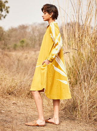 Kharakapas-Goldenrod Yellow Ochre Flowy Shirt Dress-INDIASPOPUP.COM