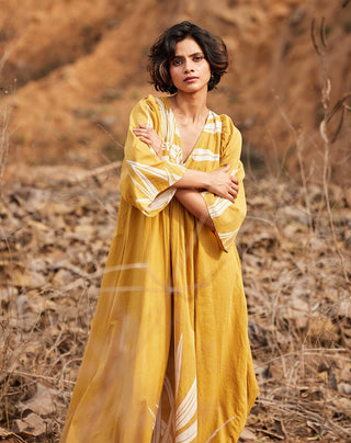 Kharakapas-Sahara Yellow Ochre Breezy Maxi Dress-INDIASPOPUP.COM
