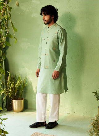 Tea green kurta and bundi set
