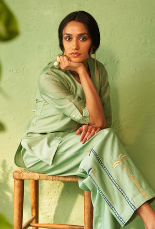 Tea green chanderi tunic and pants