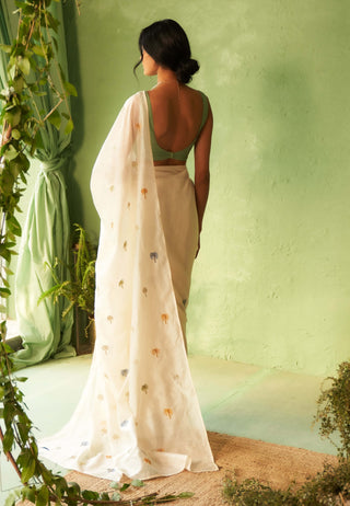 Off-white chanderi sari and tea green blouse