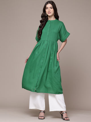 Green solid half sleeves calf length kurta
