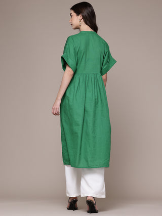 Green solid half sleeves calf length kurta
