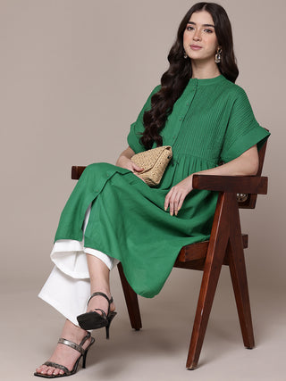 Green solid half sleeves calf length kurta