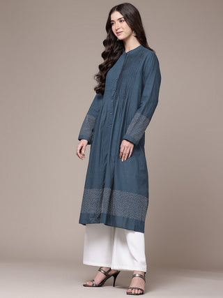 Blue solid full sleeves calf length kurta