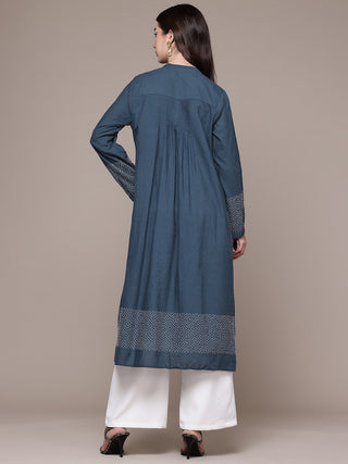 Blue solid full sleeves calf length kurta