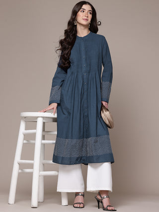 Blue solid full sleeves calf length kurta
