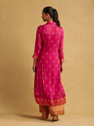 Ritu Kumar-Pink & Orange Floral Chinon Kurta-INDIASPOPUP.COM