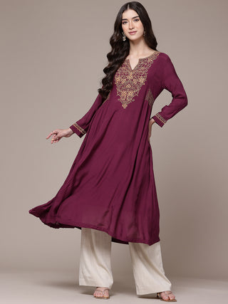 Maroon solid full sleeves a-line kurta