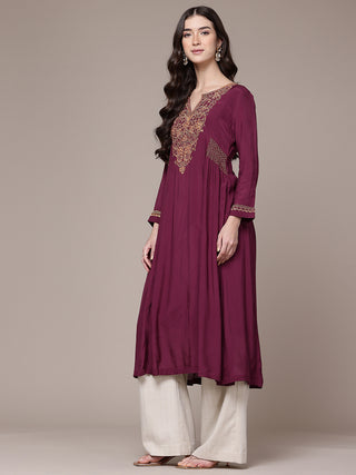 Maroon solid full sleeves a-line kurta