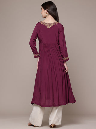 Maroon solid full sleeves a-line kurta