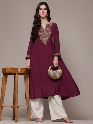 Maroon solid full sleeves a-line kurta