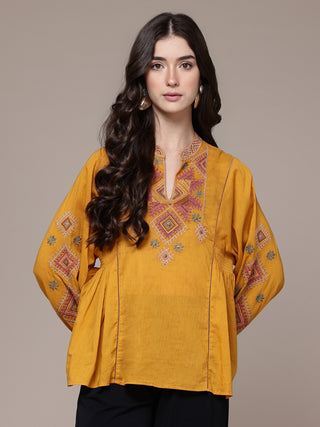 Mustard solid full sleeves a-line kurti