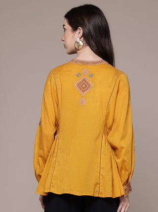 Mustard solid full sleeves a-line kurti