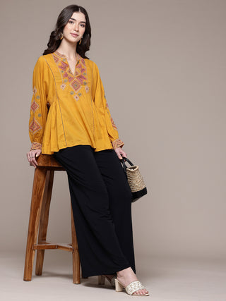 Mustard solid full sleeves a-line kurti