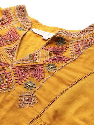 Mustard solid full sleeves a-line kurti