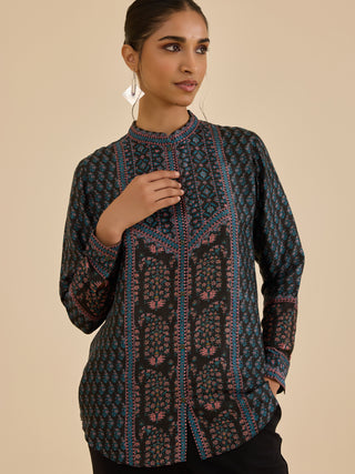 Black and turquoise keya button-down kurti