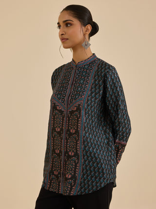 Black and turquoise keya button-down kurti