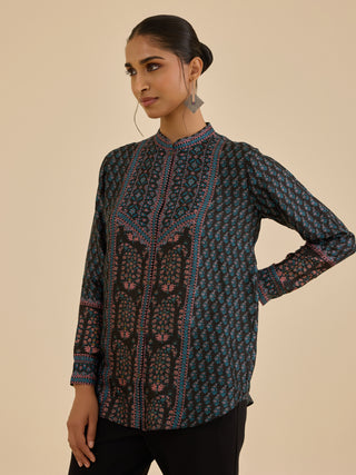 Black and turquoise keya button-down kurti