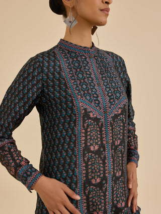Black and turquoise keya button-down kurti