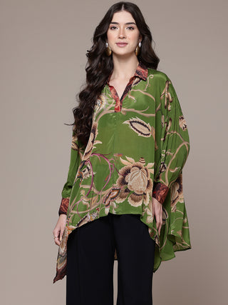 Green floral full sleeves v-neck tunic