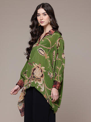 Green floral full sleeves v-neck tunic