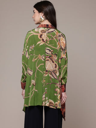 Green floral full sleeves v-neck tunic