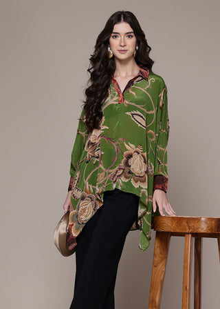 Green floral full sleeves v-neck tunic