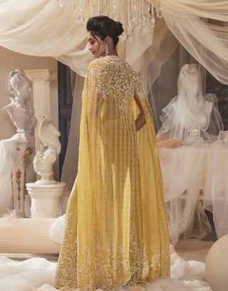 Kira Yellow Bustier Cape And Pant Set by Roqa, available on Indiaspopup.com