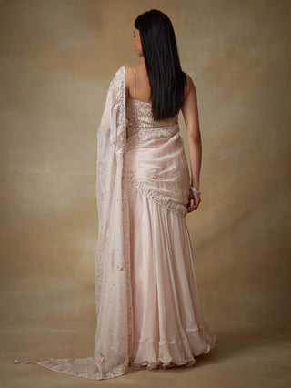 Kisneel By Pam Mehta-Soft Pink Stitched Sari And Corset-INDIASPOPUP.COM
