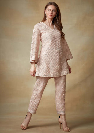 Kisneel By Pam Mehta-Pink Embellished Kurta And Pants-INDIASPOPUP.COM