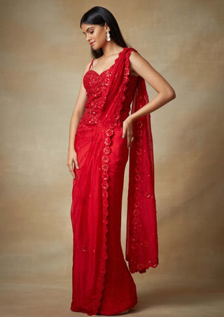 Kisneel By Pam Mehta-Red Sequin Sari And Corset-INDIASPOPUP.COM
