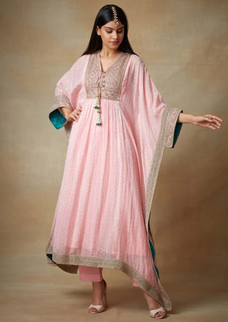 Kisneel By Pam Mehta-Pink Kaftan With Straight Pants-INDIASPOPUP.COM