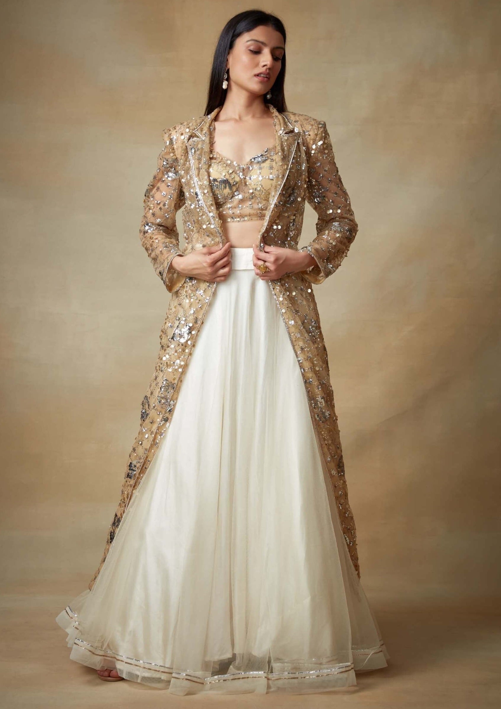 Kisneel By Pam Mehta | Gold Ivory Sequin Jacket And Lehenga Set | INDIASPOPUP.COM CUSTOM Kisneel By Pam Mehta | Gold Ivory Sequin Jacket And Lehenga Set | INDIASPOPUP.COM CUSTOM
