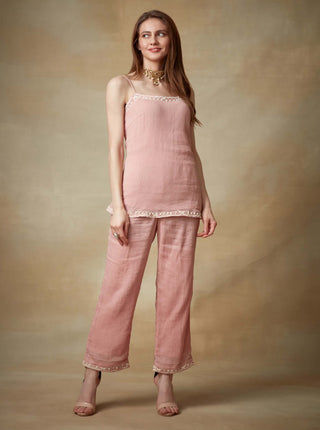 Kisneel By Pam Mehta-Blush Pink Linen Jacket And Camisole Set-INDIASPOPUP.COM