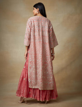 Kisneel By Pam Mehta-Coral Embroidered Jacket And Gharara Set-INDIASPOPUP.COM