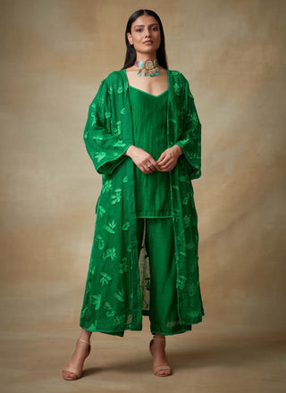 Kisneel By Pam Mehta-Green Linen Jacket And Camisole Set-INDIASPOPUP.COM