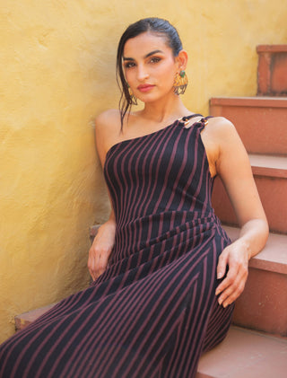 Angela wine and blue dress