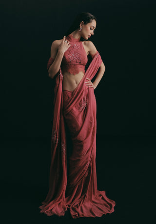 Red silk blouse with pre-pleated sari