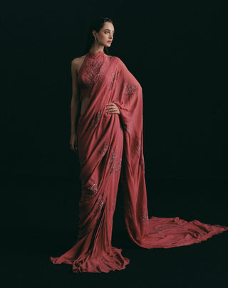 Red silk blouse with pre-pleated sari