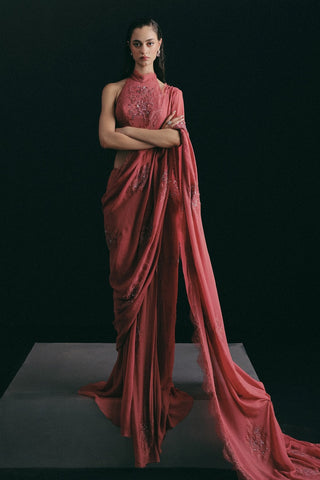 Red silk blouse with pre-pleated sari