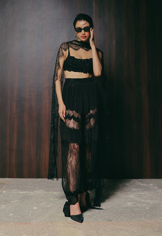 Black tulle blouse with trousers