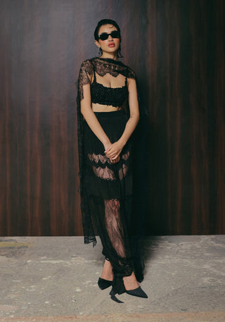 Black tulle blouse with trousers