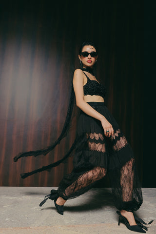 Black tulle blouse with trousers