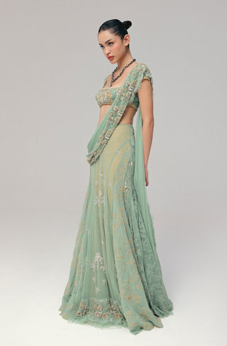 Green embroidered pre-stitched sari set