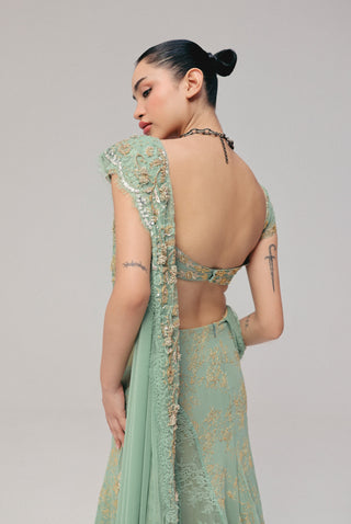 Green embroidered pre-stitched sari set