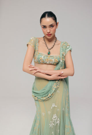 Green embroidered pre-stitched sari set