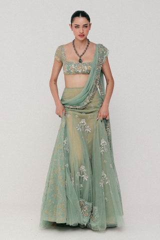 Green embroidered pre-stitched sari set