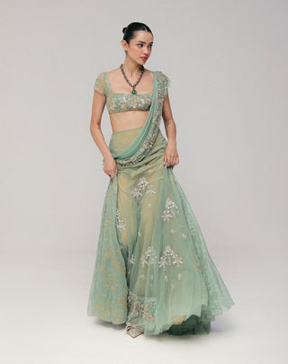 Green embroidered pre-stitched sari set