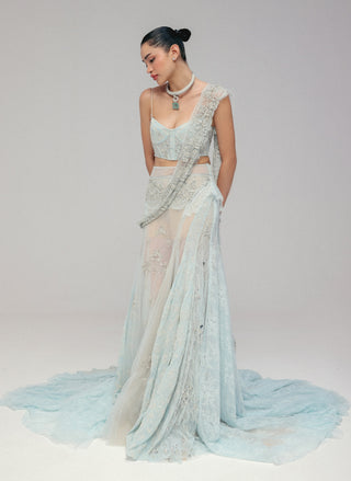 Blue tulle corset with stitched sari
